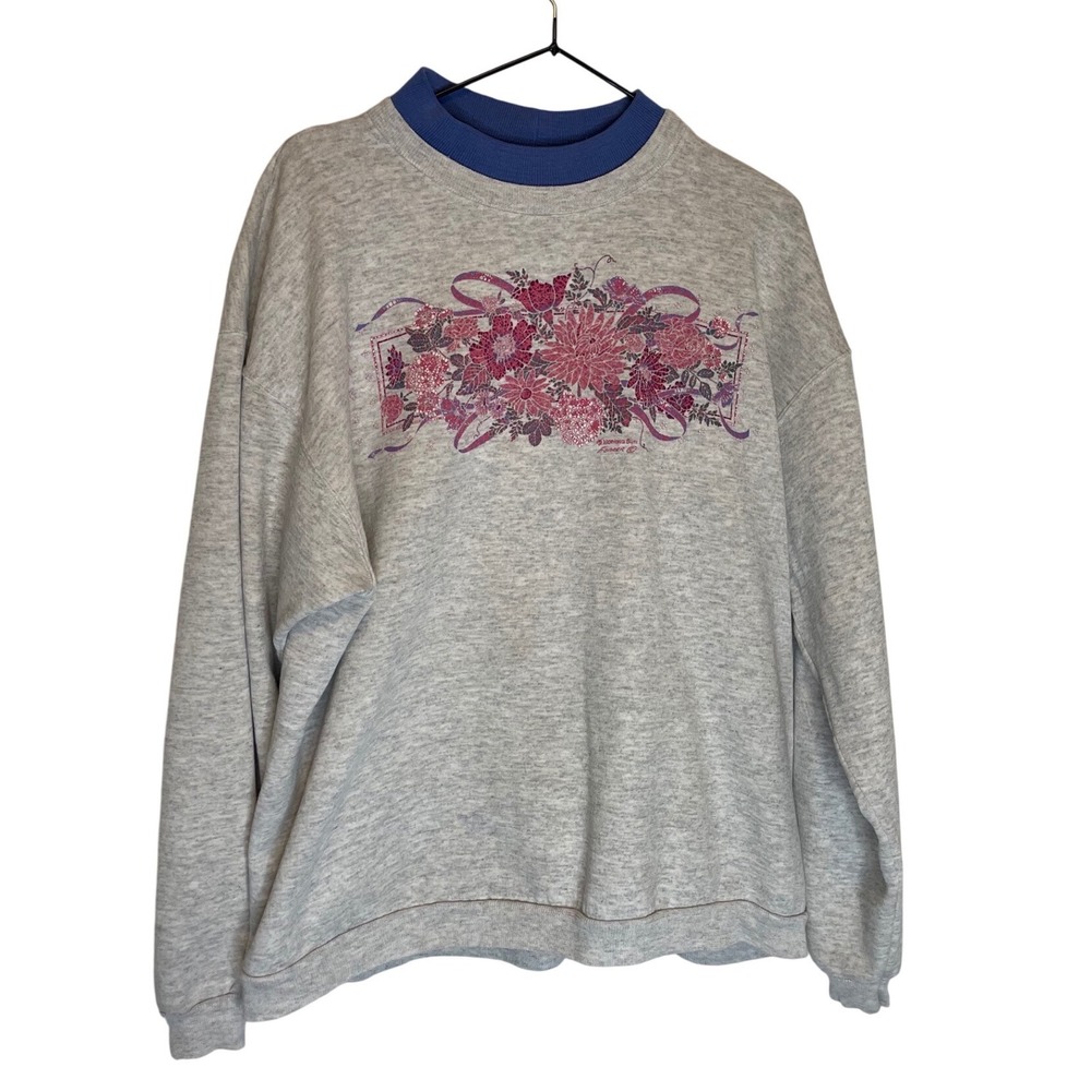 Vintage 90's Crewneck Sweatshirt Gray Floral Cottagecore Grandmacore Women's XL